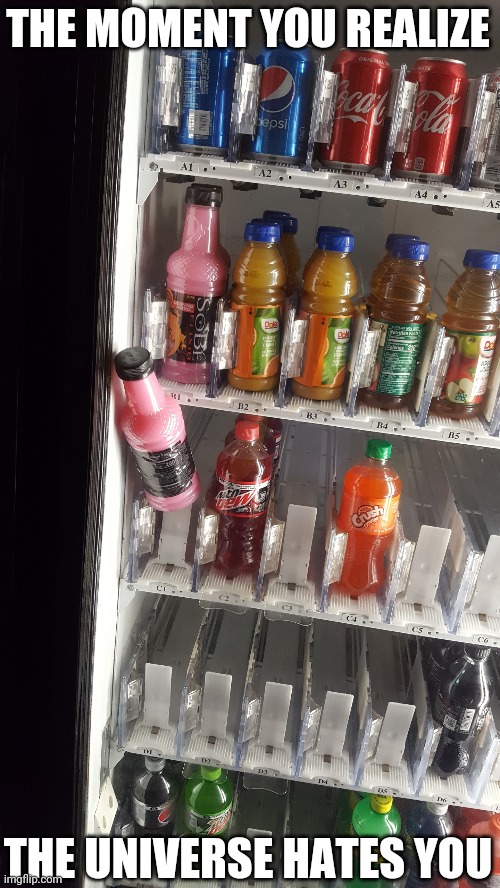 The heck?! | THE MOMENT YOU REALIZE; THE UNIVERSE HATES YOU | image tagged in vending machine | made w/ Imgflip meme maker