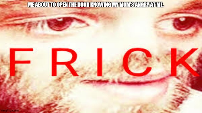 F R I C K | ME ABOUT TO OPEN THE DOOR KNOWING MY MOM'S ANGRY AT ME. | image tagged in yub saying frick | made w/ Imgflip meme maker