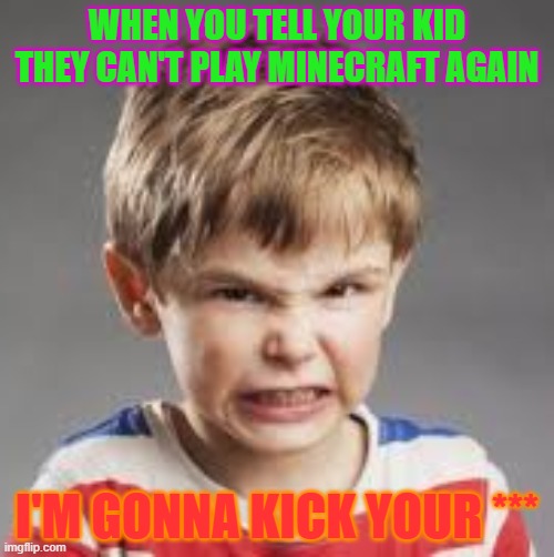 No Minecraft | WHEN YOU TELL YOUR KID THEY CAN'T PLAY MINECRAFT AGAIN; I'M GONNA KICK YOUR *** | image tagged in gaming,tantrum,online gaming | made w/ Imgflip meme maker