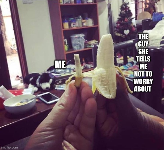 That’s bananas B-A-N-A-N-A-S | THE GUY SHE TELLS ME NOT TO WORRY ABOUT; ME | image tagged in you vs the guy she tells you not to worry about,memes,confession bear | made w/ Imgflip meme maker