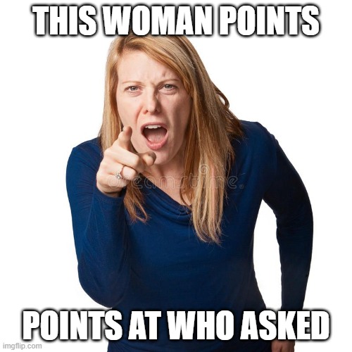 who asked | THIS WOMAN POINTS; POINTS AT WHO ASKED | image tagged in pointing girl | made w/ Imgflip meme maker