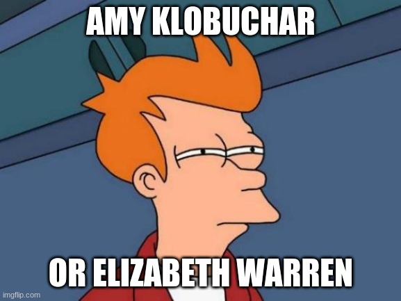 Futurama Fry | AMY KLOBUCHAR; OR ELIZABETH WARREN | image tagged in memes,futurama fry | made w/ Imgflip meme maker