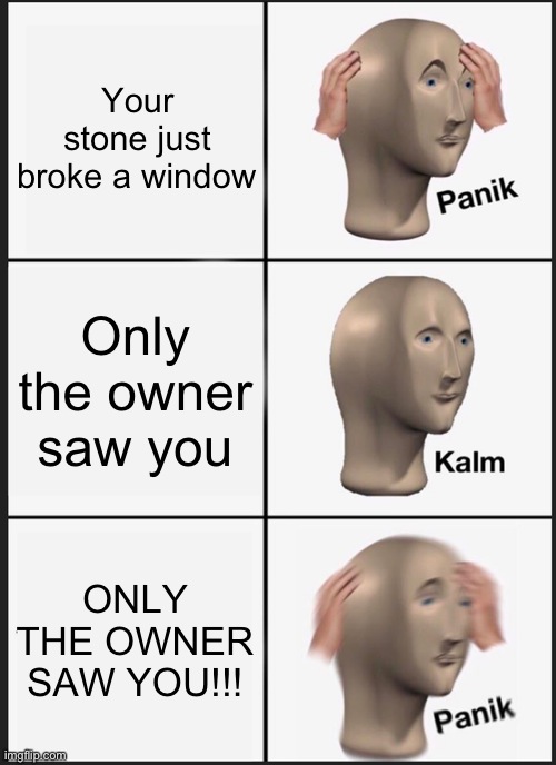 Chill | Your stone just broke a window; Only the owner saw you; ONLY THE OWNER SAW YOU!!! | image tagged in memes,panik kalm panik | made w/ Imgflip meme maker