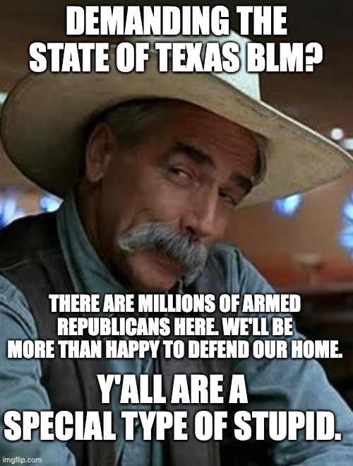 For the USA! | DEMANDING THE STATE OF TEXAS BLM? THERE ARE MILLIONS OF ARMED REPUBLICANS HERE. WE'LL BE MORE THAN HAPPY TO DEFEND OUR HOME. Y'ALL ARE A SPECIAL TYPE OF STUPID. | image tagged in sam elliott | made w/ Imgflip meme maker