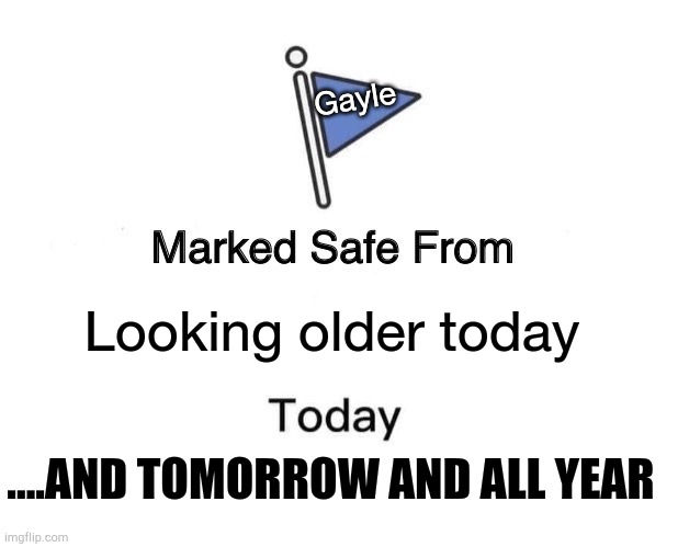 Marked Safe From Meme | Gayle; Looking older today; ....AND TOMORROW AND ALL YEAR | image tagged in memes,marked safe from | made w/ Imgflip meme maker