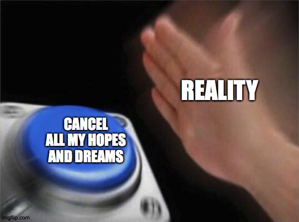 We can all relate | REALITY; CANCEL ALL MY HOPES AND DREAMS | image tagged in memes,blank nut button | made w/ Imgflip meme maker