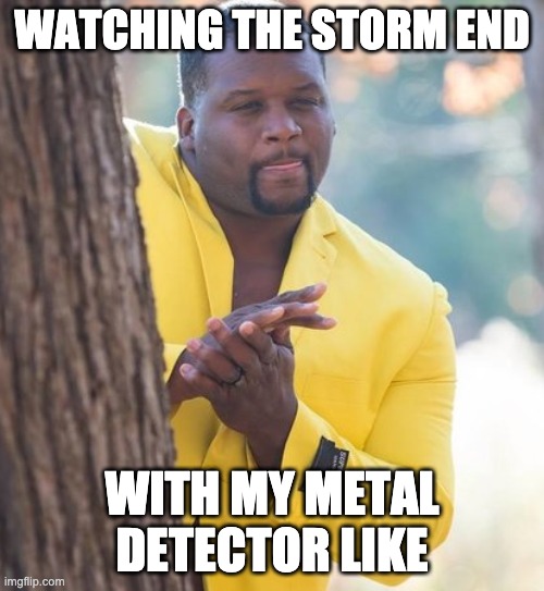 Metal Detecting after a tropical storm |  WATCHING THE STORM END; WITH MY METAL DETECTOR LIKE | image tagged in rubbing hands,metal detect,indiana tones | made w/ Imgflip meme maker