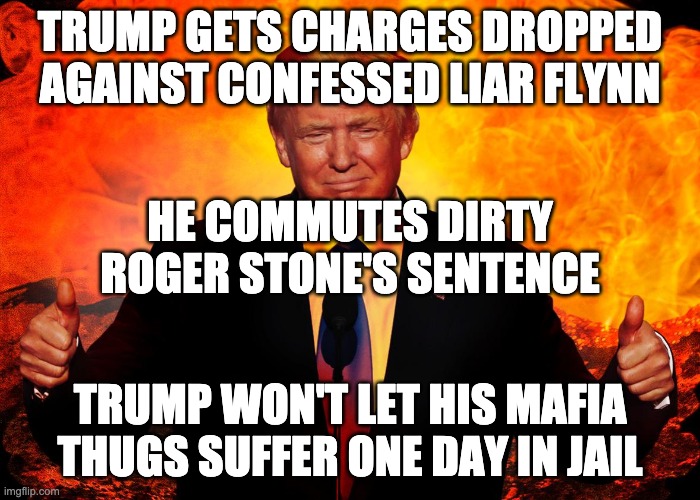 TRUMP GETS CHARGES DROPPED AGAINST CONFESSED LIAR FLYNN; HE COMMUTES DIRTY ROGER STONE'S SENTENCE; TRUMP WON'T LET HIS MAFIA THUGS SUFFER ONE DAY IN JAIL | image tagged in donald trump,roger stone,michael flynn | made w/ Imgflip meme maker