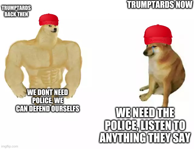 Buff Doge vs. Cheems | TRUMPTARDS NOW; TRUMPTARDS BACK THEN; WE DONT NEED POLICE, WE CAN DEFEND OURSELFS; WE NEED THE POLICE, LISTEN TO ANYTHING THEY SAY | image tagged in buff doge vs cheems | made w/ Imgflip meme maker