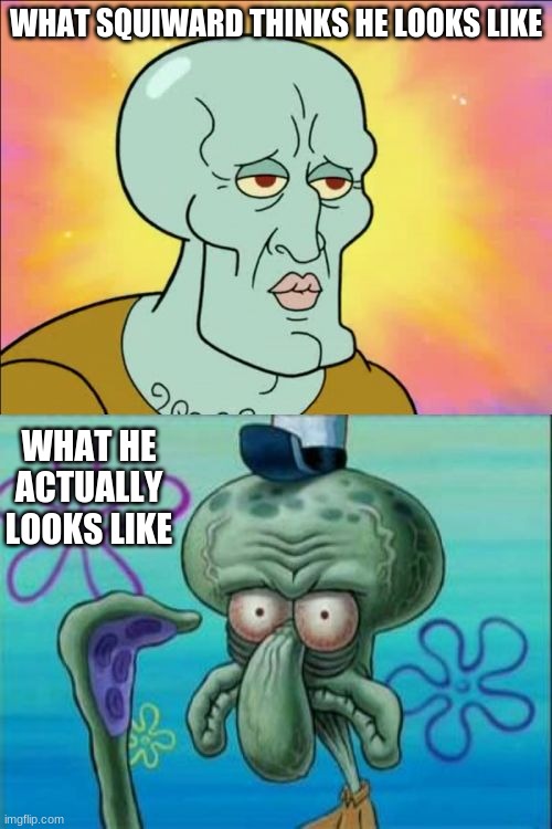 Squidward | WHAT SQUIWARD THINKS HE LOOKS LIKE; WHAT HE ACTUALLY LOOKS LIKE | image tagged in memes,squidward | made w/ Imgflip meme maker