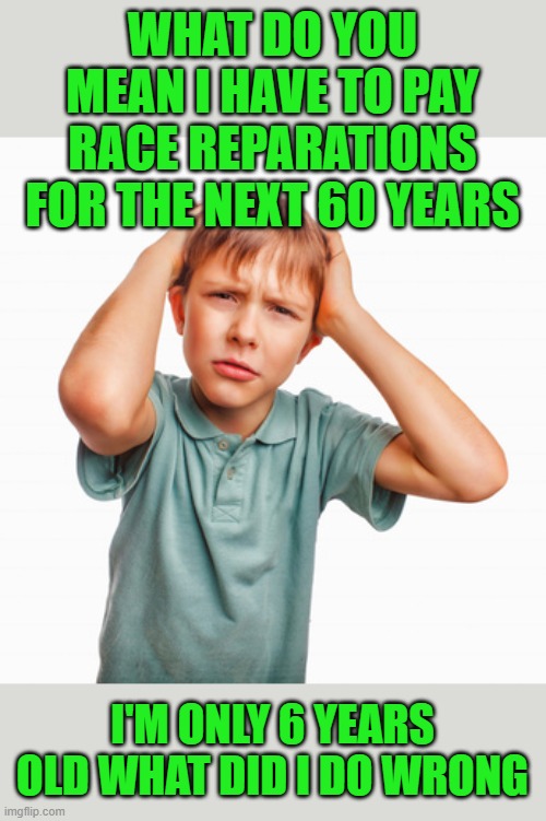 yep | WHAT DO YOU MEAN I HAVE TO PAY RACE REPARATIONS FOR THE NEXT 60 YEARS; I'M ONLY 6 YEARS OLD WHAT DID I DO WRONG | image tagged in democrats,2020 elections,black lives matter | made w/ Imgflip meme maker