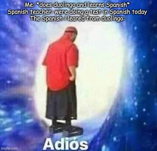 Adios | Me: *does duolingo and learns Spanish*
Spanish teacher: were doing a test in Spanish today
The Spanish i leared from duolingo: | image tagged in adios | made w/ Imgflip meme maker