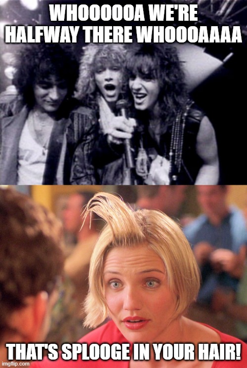 Streaks - Bon Jovi | WHOOOOOA WE'RE HALFWAY THERE WHOOOAAAA; THAT'S SPLOOGE IN YOUR HAIR! | image tagged in bon jovi,something about mary hair gel | made w/ Imgflip meme maker