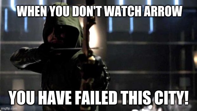 You have failed this city!!! | WHEN YOU DON'T WATCH ARROW; YOU HAVE FAILED THIS CITY! | image tagged in arrow - you have failed this city | made w/ Imgflip meme maker