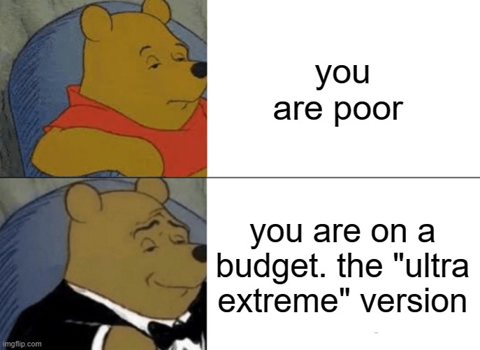 Tuxedo Winnie The Pooh Meme | you are poor; you are on a budget. the "ultra extreme" version | image tagged in memes,tuxedo winnie the pooh | made w/ Imgflip meme maker