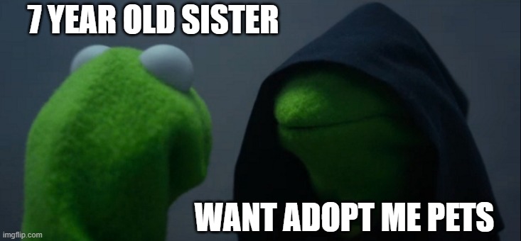 Evil Kermit | 7 YEAR OLD SISTER; WANT ADOPT ME PETS | image tagged in memes,evil kermit | made w/ Imgflip meme maker