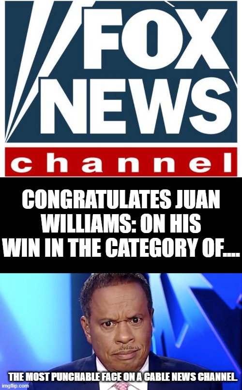 JUAN WILLIAMS NARROWLY BEATS BRIAN STELTER IN 1st ANNUAL PUNCHIE AWARDS. CATEGORY¦ MOST PUNCHABLE FACE ON A CABLE NEWS CHANNEL. | CONGRATULATES JUAN WILLIAMS: ON HIS WIN IN THE CATEGORY OF.... THE MOST PUNCHABLE FACE ON A CABLE NEWS CHANNEL. | image tagged in fox news,juan williams,the punchie awards,brian stelter,the most punchable face | made w/ Imgflip meme maker