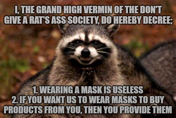 Evil Plotting Raccoon | I, THE GRAND HIGH VERMIN OF THE DON'T GIVE A RAT'S ASS SOCIETY, DO HEREBY DECREE;; 1. WEARING A MASK IS USELESS
2. IF YOU WANT US TO WEAR MASKS TO BUY PRODUCTS FROM YOU, THEN YOU PROVIDE THEM | image tagged in memes,evil plotting raccoon | made w/ Imgflip meme maker