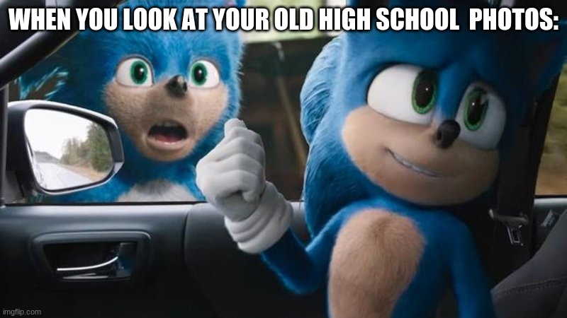 When you look at your old high school photos | WHEN YOU LOOK AT YOUR OLD HIGH SCHOOL  PHOTOS: | image tagged in sonic movie old vs new | made w/ Imgflip meme maker