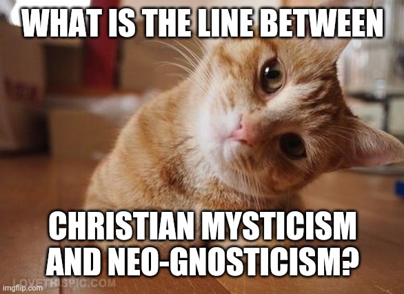 Or is there a line? |  WHAT IS THE LINE BETWEEN; CHRISTIAN MYSTICISM AND NEO-GNOSTICISM? | image tagged in curious question cat,christianity | made w/ Imgflip meme maker