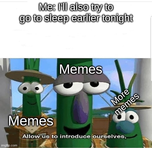 Allow us to introduce ourselves | Me: I'll also try to go to sleep earlier tonight Memes Memes More memes | image tagged in allow us to introduce ourselves | made w/ Imgflip meme maker