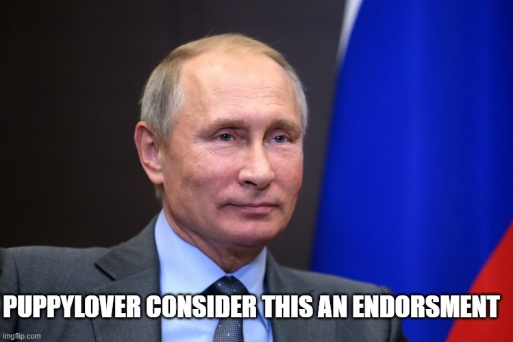 Puppylover, I endorse you! | PUPPYLOVER CONSIDER THIS AN ENDORSMENT | image tagged in putin endorsement | made w/ Imgflip meme maker