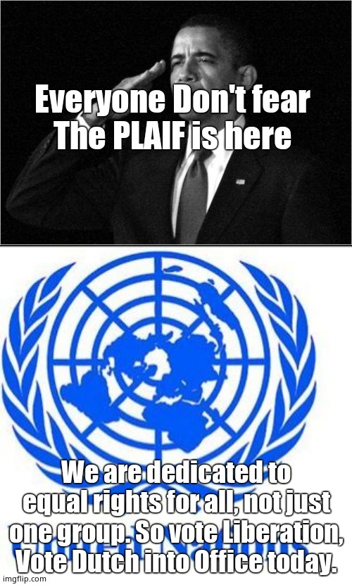 Everyone Don't fear
The PLAIF is here; We are dedicated to equal rights for all, not just one group. So vote Liberation, Vote Dutch into Office today. | image tagged in obama-salute,united nations | made w/ Imgflip meme maker