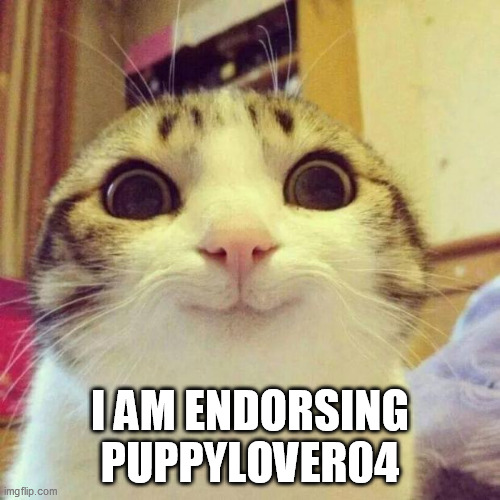 Smiling Cat | I AM ENDORSING PUPPYLOVER04 | image tagged in memes,smiling cat | made w/ Imgflip meme maker