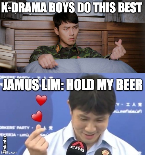 Jamus Lim Finger Heart | K-DRAMA BOYS DO THIS BEST; JAMUS LIM: HOLD MY BEER; @stanho | image tagged in kpop,kpop fans be like,ge2020 | made w/ Imgflip meme maker