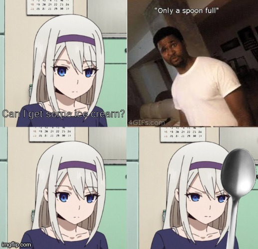 Kei holds the "Comically Large Spoon." | Can I get some ice cream? | image tagged in spoon,vine,dank memes,memes,anime meme,frowning kei | made w/ Imgflip meme maker
