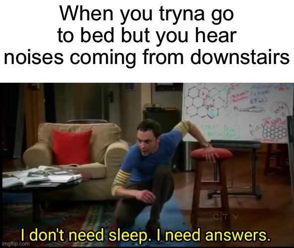 I don’t need sleep, I need answers | When you tryna go to bed but you hear noises coming from downstairs | image tagged in i dont need sleep i need answers | made w/ Imgflip meme maker