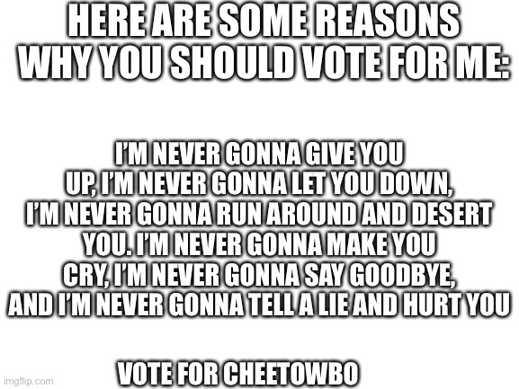Blank White Template | HERE ARE SOME REASONS WHY YOU SHOULD VOTE FOR ME:; I’M NEVER GONNA GIVE YOU UP, I’M NEVER GONNA LET YOU DOWN, I’M NEVER GONNA RUN AROUND AND DESERT YOU. I’M NEVER GONNA MAKE YOU CRY, I’M NEVER GONNA SAY GOODBYE, AND I’M NEVER GONNA TELL A LIE AND HURT YOU; VOTE FOR CHEETOWBO | image tagged in blank white template | made w/ Imgflip meme maker