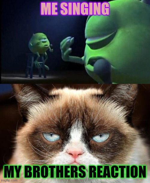 ME SINGING; MY BROTHERS REACTION | image tagged in memes,grumpy cat not amused,mike wazowski singing | made w/ Imgflip meme maker