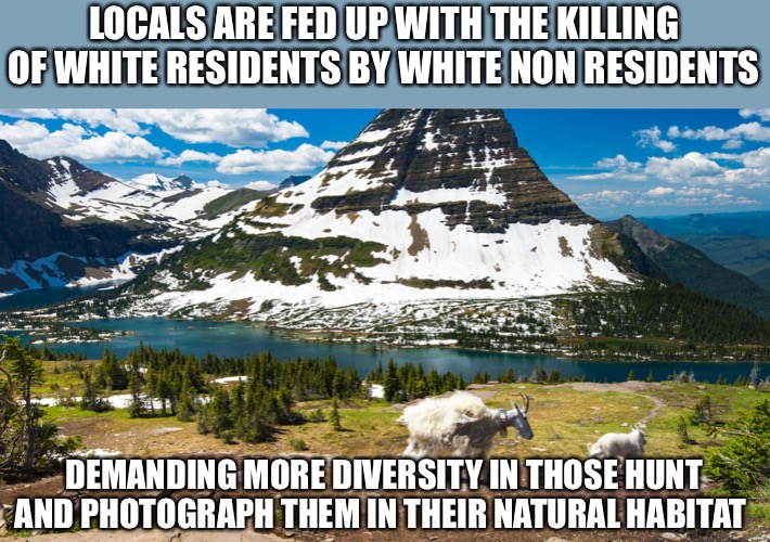 National parks matter | LOCALS ARE FED UP WITH THE KILLING OF WHITE RESIDENTS BY WHITE NON RESIDENTS; DEMANDING MORE DIVERSITY IN THOSE HUNT AND PHOTOGRAPH THEM IN THEIR NATURAL HABITAT | image tagged in white privilege | made w/ Imgflip meme maker