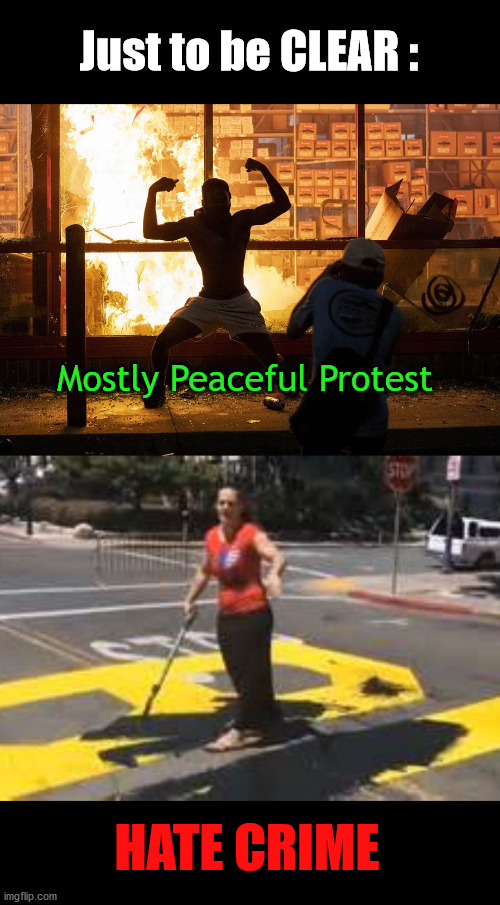 Things are a little fuzzy these days. | Just to be CLEAR :; Mostly Peaceful Protest; HATE CRIME | image tagged in blm,protesters,riots | made w/ Imgflip meme maker