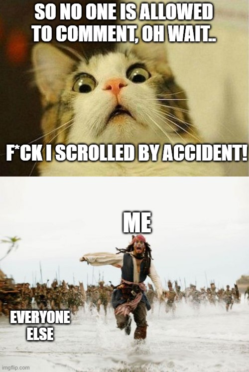 SO NO ONE IS ALLOWED TO COMMENT, OH WAIT.. F*CK I SCROLLED BY ACCIDENT! ME EVERYONE ELSE | image tagged in memes,scared cat | made w/ Imgflip meme maker