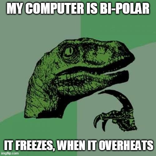 Philosoraptor | MY COMPUTER IS BI-POLAR; IT FREEZES, WHEN IT OVERHEATS | image tagged in memes,philosoraptor | made w/ Imgflip meme maker