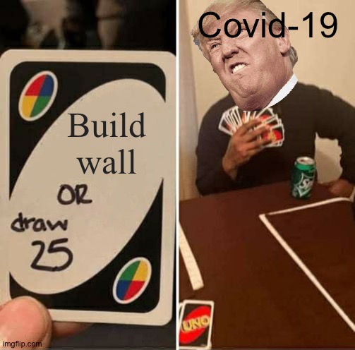 Build wall or covid-19 rule? | Covid-19; Build wall | image tagged in memes,uno draw 25 cards,covid-19,coronavirus,trump,build a wall | made w/ Imgflip meme maker