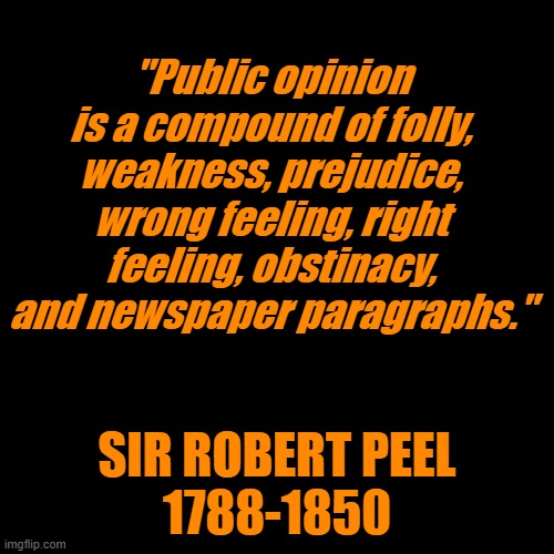 Emphasis on "newspaper paragraphs" | "Public opinion is a compound of folly, weakness, prejudice, wrong feeling, right feeling, obstinacy, and newspaper paragraphs."; SIR ROBERT PEEL
1788-1850 | image tagged in quote background,robert peel,quote,public opinion | made w/ Imgflip meme maker