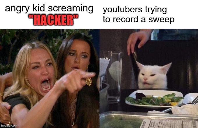 mercy for the youtubers | angry kid screaming; youtubers trying to record a sweep; "HACKER" | image tagged in memes,woman yelling at cat,pokemon,youtube | made w/ Imgflip meme maker