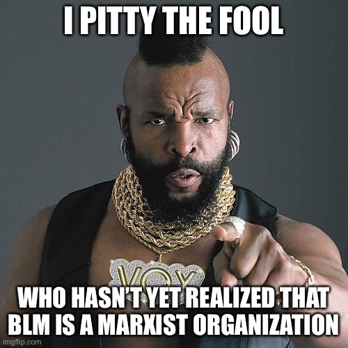 The truth of BLM. | I PITTY THE FOOL; WHO HASN’T YET REALIZED THAT BLM IS A MARXIST ORGANIZATION | image tagged in memes,mr t pity the fool,marxism,blm | made w/ Imgflip meme maker