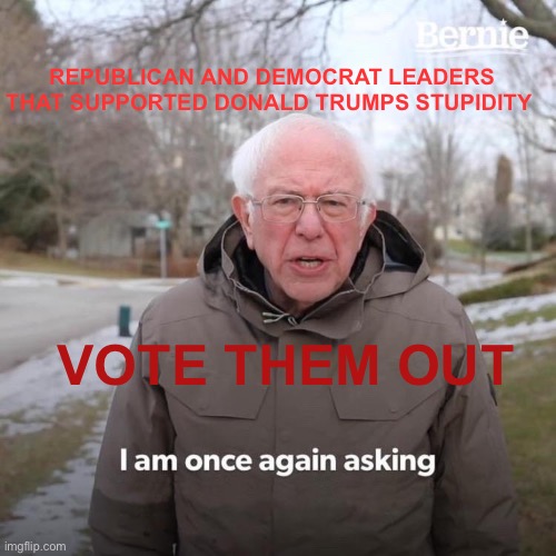 Vote them out | REPUBLICAN AND DEMOCRAT LEADERS THAT SUPPORTED DONALD TRUMPS STUPIDITY; VOTE THEM OUT | image tagged in memes,bernie i am once again asking for your support,funny memes,boardroom meeting suggestion,donald trump,vote | made w/ Imgflip meme maker