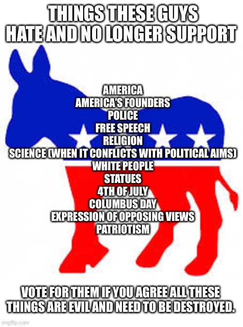 Democrat donkey | THINGS THESE GUYS HATE AND NO LONGER SUPPORT; AMERICA
AMERICA’S FOUNDERS
POLICE
FREE SPEECH
RELIGION
SCIENCE (WHEN IT CONFLICTS WITH POLITICAL AIMS)
WHITE PEOPLE
STATUES
4TH OF JULY
COLUMBUS DAY
EXPRESSION OF OPPOSING VIEWS
PATRIOTISM; VOTE FOR THEM IF YOU AGREE ALL THESE THINGS ARE EVIL AND NEED TO BE DESTROYED. | image tagged in democrat donkey | made w/ Imgflip meme maker