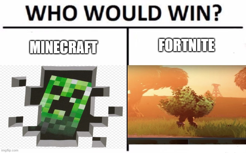 minecraft or fortnite | MINECRAFT; FORTNITE | image tagged in minecraft | made w/ Imgflip meme maker