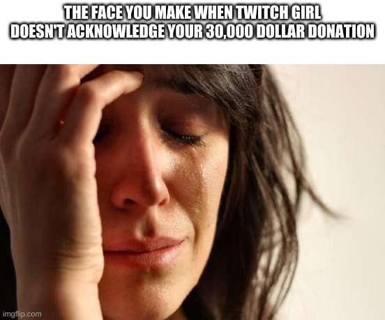 First World Problems Meme | THE FACE YOU MAKE WHEN TWITCH GIRL DOESN'T ACKNOWLEDGE YOUR 30,000 DOLLAR DONATION | image tagged in memes,first world problems | made w/ Imgflip meme maker