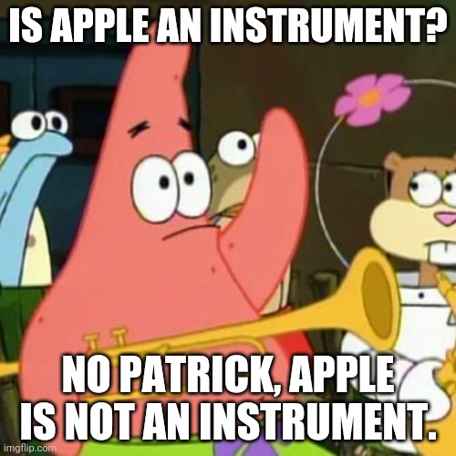 No Patrick | IS APPLE AN INSTRUMENT? NO PATRICK, APPLE IS NOT AN INSTRUMENT. | image tagged in memes,no patrick | made w/ Imgflip meme maker