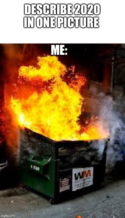 dumpster fire | DESCRIBE 2020 IN ONE PICTURE; ME: | image tagged in dumpster fire,2020,dumpster | made w/ Imgflip meme maker