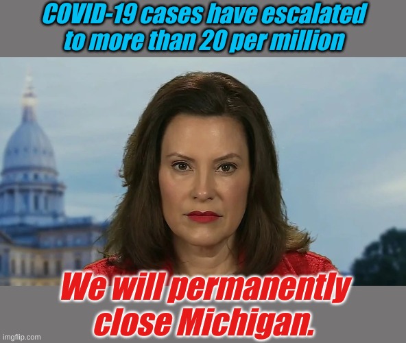20 people out of every million in Michigan? Shut it all down! It's the only way to control the worldwide Endemic!! | COVID-19 cases have escalated to more than 20 per million; We will permanently close Michigan. | image tagged in democrat michigan governor gretchen whitmer | made w/ Imgflip meme maker