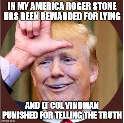 Trump loser | IN MY AMERICA ROGER STONE HAS BEEN REWARDED FOR LYING; AND LT COL VINDMAN PUNISHED FOR TELLING THE TRUTH | image tagged in trump loser | made w/ Imgflip meme maker