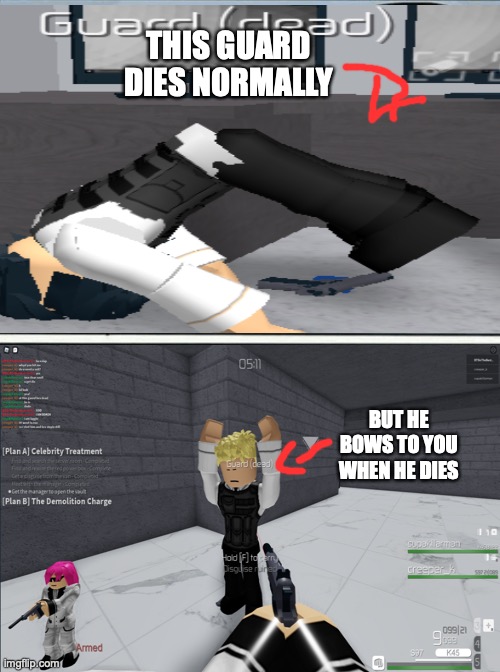 A Death Of A Entry Point Guard | THIS GUARD DIES NORMALLY; BUT HE BOWS TO YOU WHEN HE DIES | image tagged in memes,entrypointroblox,guard,lag,death | made w/ Imgflip meme maker